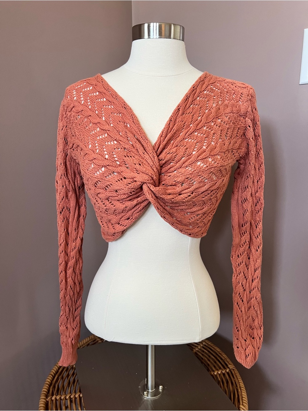 ILLA ILLA Terracotta Twist-Front Openwork Knit Crop Top